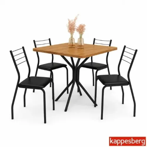 Mesa Creta M088 90x90 c/ 4 Cadeiras Malta Courino Preto Frete Grátis - Até 12x S/ Juros