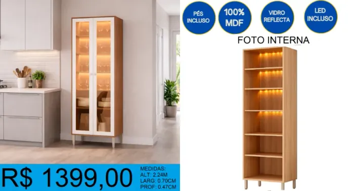Cristaleira 100% MDF - Entrega e montagem grátis