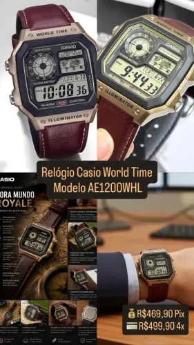 Relógio Casio World Time AE1200WHL pulseira couro