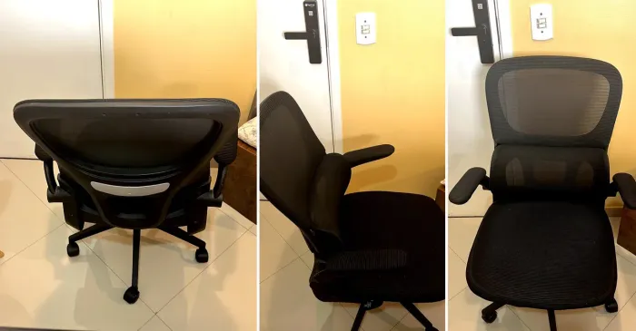 Cadeira de escritório mesh preta, estrutura reta e em bom estado visual.
