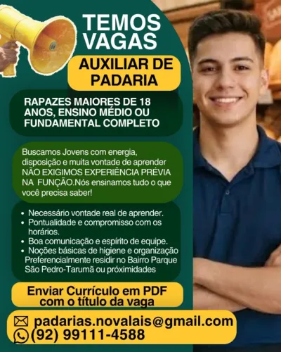 Temos Vagas Auxiliar de Padaria