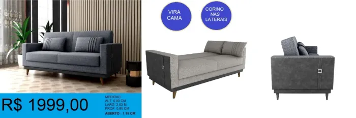 Sofa Cama luxo Esther com linho e corino dos lados- Entrega GRATIS