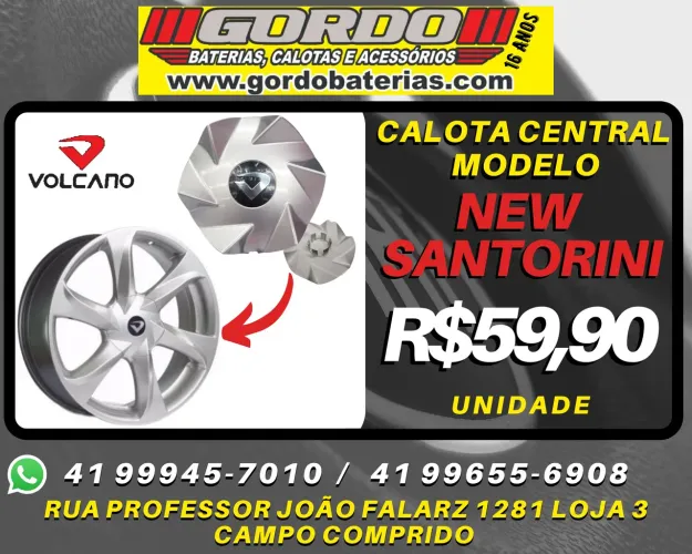 Calota centro de roda New Santorini. R$59,90 a unidade. Disk entrega 