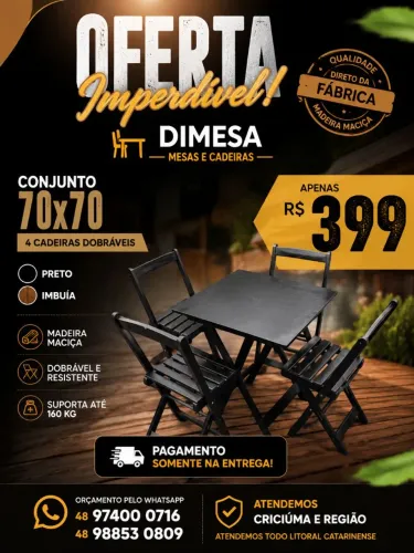 Jogo mesa 70x70 com 4 cadeiras dobráveis madeira da fábrica pra você