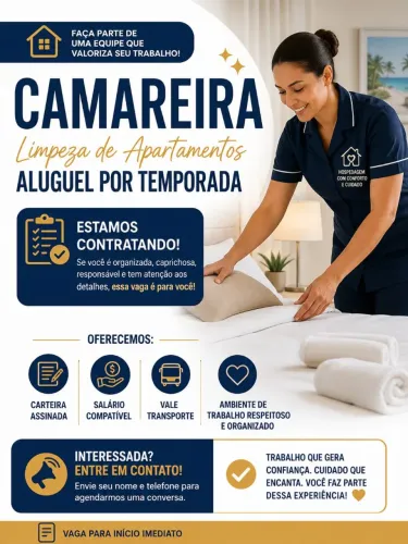 vaga camareira, arrumadeira, limpeza apto. Campos dos Goytacazes
