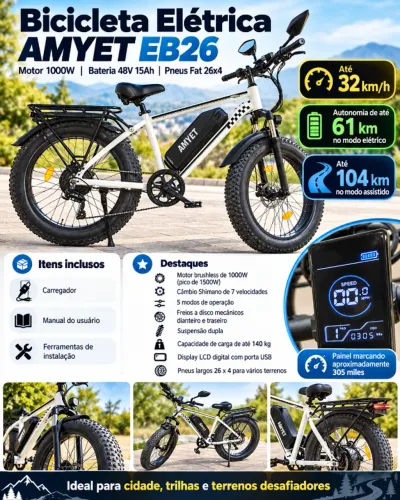 Bicicleta Elétrica AMYET EB26 1000W 48V 15Ah Fat Bike 26x4