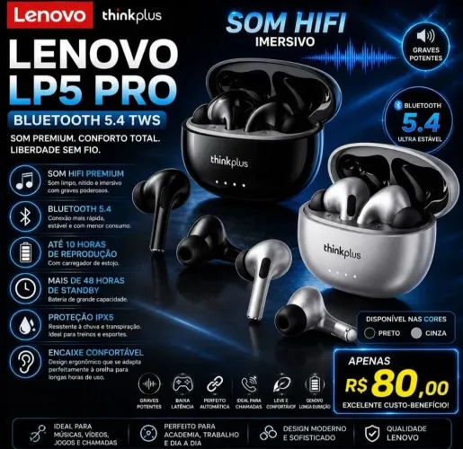 PROMOÇÃO!!! Fone de Ouvido Bluetooth Lenovo ThinkPlus LP5 Pro - Bluetooth 5.4 TWS