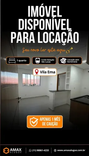 APARTAMENTO NOVO PARA ALUGAR NA VILA EMA 1 DORM | 30 m² | PRIMEIRA LOCAÇÃO | PRÓXIMO AO M