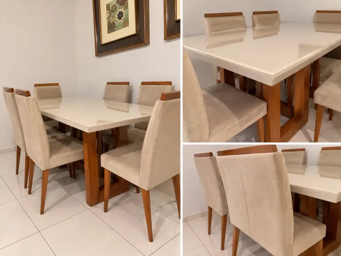 mesa de madeira com acabamento laqueado, acompanhada de 6 cadeiras estofadas