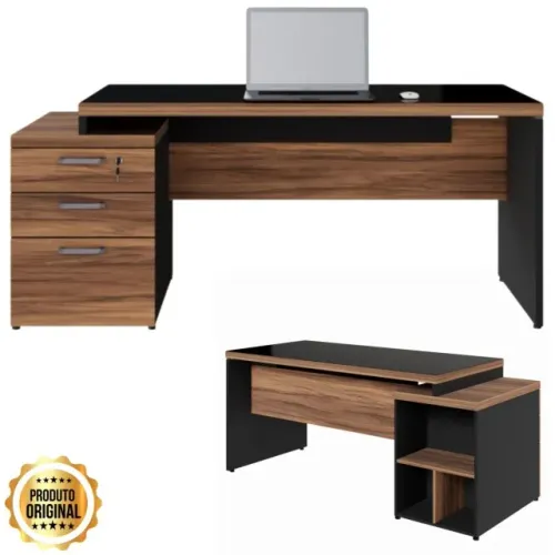 Mesa Pedestal Reta com Vidro 3 Gavetas 1,92x0,70m Nogal Sevilha Preto Modelo 21399
