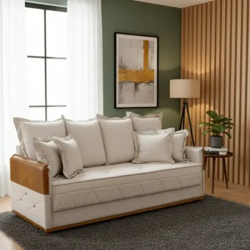 Sofá 3 lugares Vican 2.00m Linho Bege c/detalhe Nobuk Frete Grátis - Até 12x S/ Juros