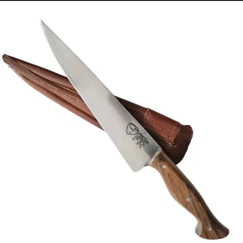 Faca Churrasco Artesanal Aço Carbono Full Tang com Cabo de Madeira Nobre e Bainha de Couro