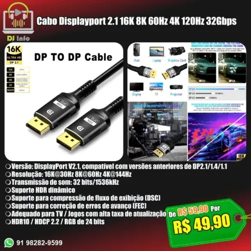 Cabo Displayport 2.1 16K 8K 60Hz 4K 120Hz 32Gbps
