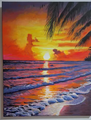 Quadro Pintura Praia Tropical - pôr do sol