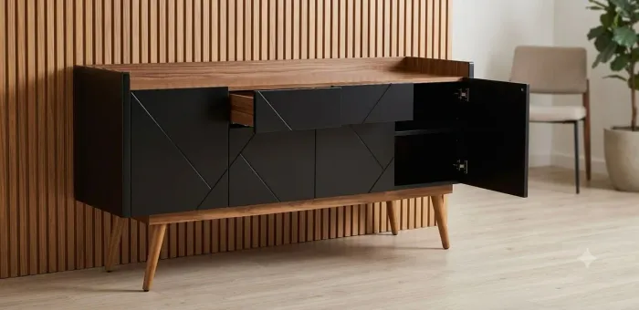 Aparador Buffet Retrô Preto e Madeira 150x83x45cm
