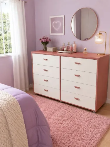 Cômodas em mdf rose com puxador concha e rodinhas
