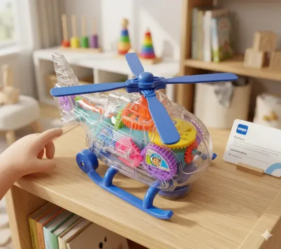 Helicóptero Infantil Transparente com Engrenagens, Luz, Som e Movimento Bate e Volta 360°