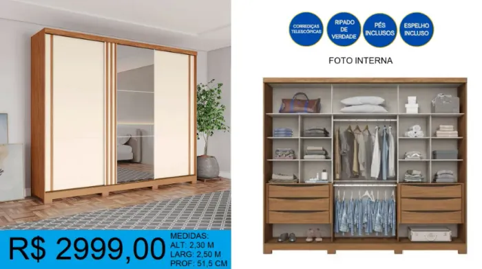 ROUPEIRO - DISPONIVEL EM 2 CORES -PÉS INCLUSO - ESPELHO INCLUSO = RECEBA EM ATE 72H
