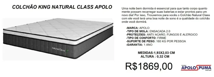 Colchão de molas king size natural class apolo - frete grátis