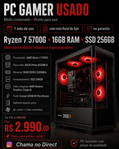 PC Gamer Ryzen 7 5700G, 16GB RAM e SSD - USADO ? Garantia e Nota Fiscal