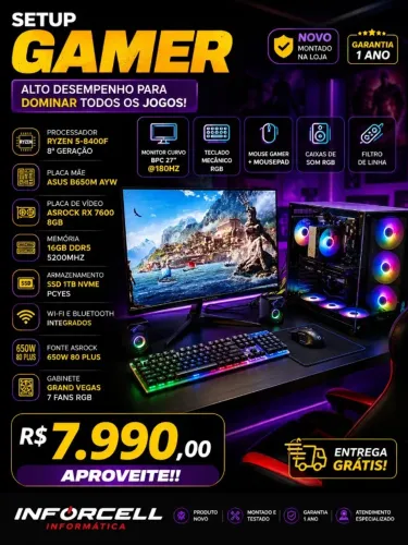 Pc Gamer Ryzen 5-8400F RX 7600 Ssd 1Tb 16gb Ram Ddr5 Tela Curva 27 180Hz