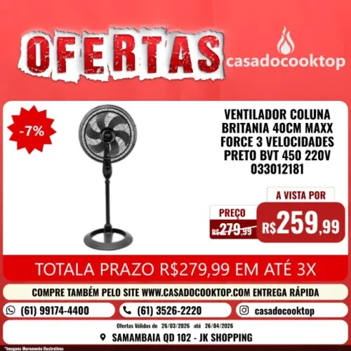 Ventilador coluna britania 40cm maxx force 3 velocidades preto bvt450 220v