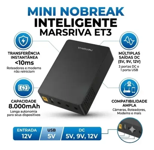Mini Nobreak Ups Et3 Marsriva (fonte Initerrupta) 18w Saídas 5v, 9v, 12v, Usb 5v