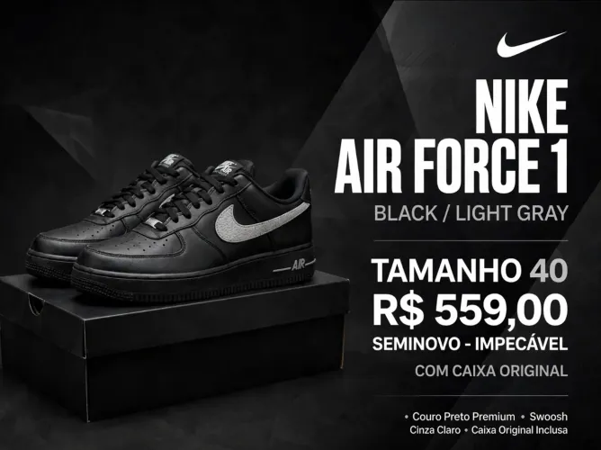Nike Air Force 1 Black Light Gray Original Tam 40 - Preto com Swoosh Cinza + Caixa