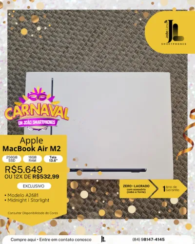 MACBOOK AIR M2, 256GB, 16GB RAM, TELA 13.6 POL., LACRADO, EXCLUSIVO!