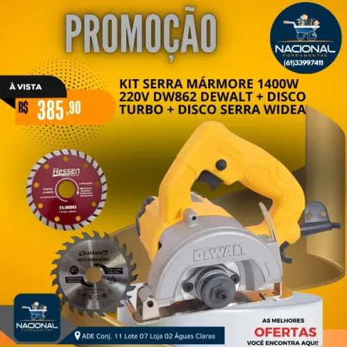 Kit Serra Mármore DeWalt DW862 1400W 220V + Disco Turbo + Disco Widea