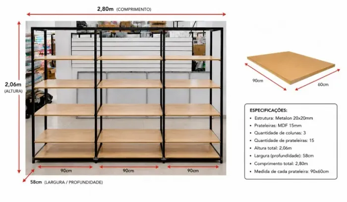Prateleira de Metalon 3 Colunas com 15 Prateleiras MDF - 2,80m