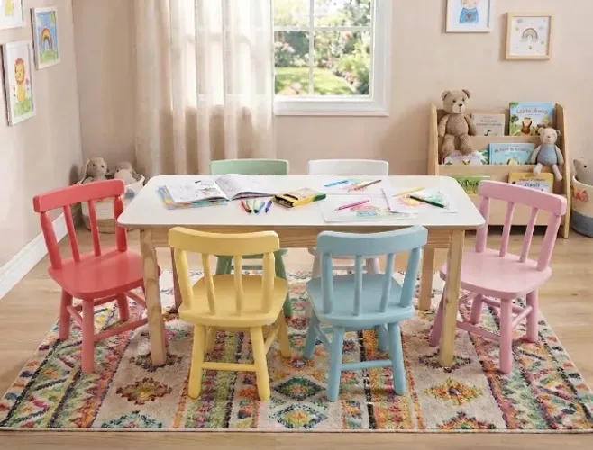 Conjunto Mesa Infantil Retângular 120cm + 6 Cadeiras Infantils Coloridas Color Candy Tons