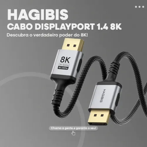 Cabo DisplayPort 1.4 3m Hagibis 8K@60Hz, 4K@240Hz, 2K@360Hz, 1080p@360Hz -Entrega Grátis-