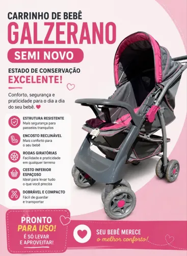 Carrinho de Bebê Galzerano Completo Semi Novo - Excelente Estado de Conservação
