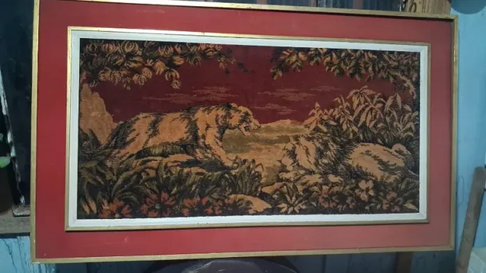 Quadro Tapeçaria Vintage Casal de Leões Anos 60/70 - Grande (1,16m x 68cm)
