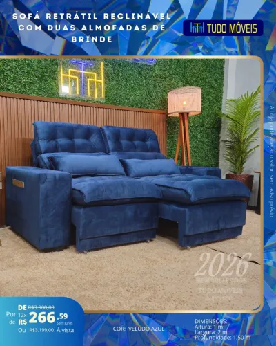 Sofá todo no veludo azul macio e confortável 