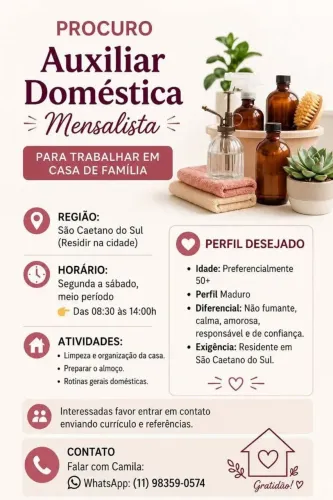 OPORTUNIDADE ? AUXILIAR DOMÉSTICA MENSALISTA