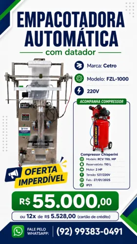 Empacotadora automática, com datador e compressor (até 1kg) ACEITO CARRO