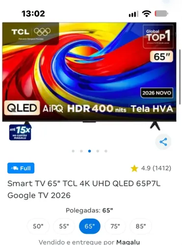 Smart TV 65" TCL 4K UHD QLED 65P7L Google TV 2026