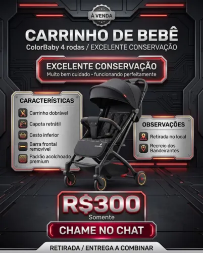 Carrinho de Bebê ColorBaby 4 Rodas | Preto | Excelente Estado