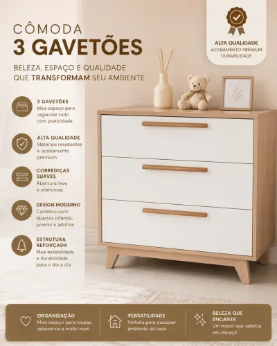 Vendo cômoda de excelente qualidade, belíssima com 3 gavetões 