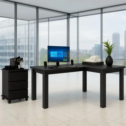 Mesa em L preta com gaveteiro, escritório e home office