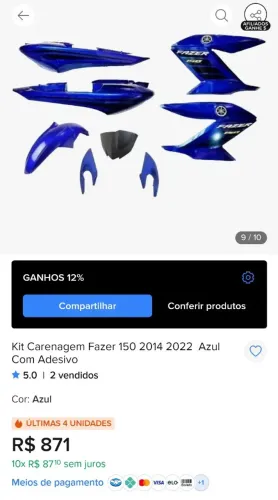 Kit Carenagem Fazer 150 2014 2022 Azul<br>Com Adesivo