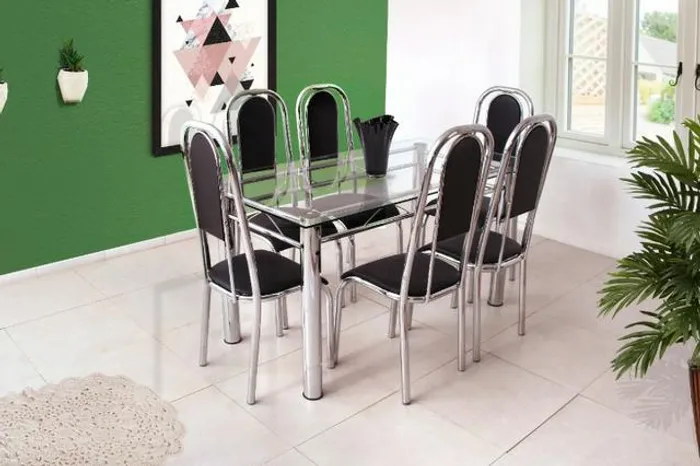 Mesa Jantar 06 cadeiras vidro 8mm cromada oferta = Frete + montagem grátis.