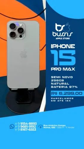 iPhone 15 Pro Max  256GB Natural Saúde de bateria 97% R$ 6.299,00 | Loja Física |