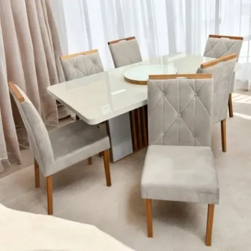 Mesa Astrid (Tampo Maxi) 170 Amêndoa Clean/Off White com 6 Cadeiras Yasmim