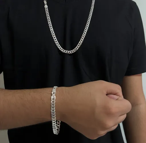 Conjunto de corrente e pulseira masculina em prata 925