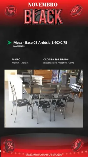 MESA C/ 6 CAD 591 BASE 03 ARDOSIA 140X75 - PRETA CRAQUEADA - R$ 929,00