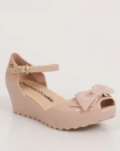 Sandália Infantil Salto Lacinho Charmosinha Chic Bege Tamanho 31