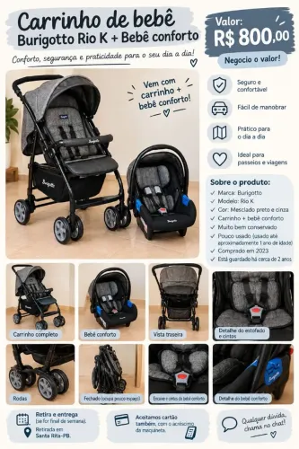 Carrinho de bebê Burigotto Rio K + Bebê Conforto